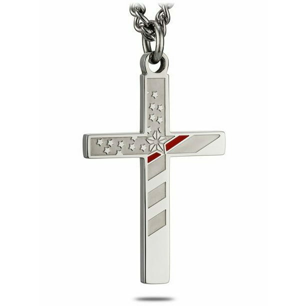 316 L Stainless Steel Men's Cross Pendant and Chain With Decorative Line Design